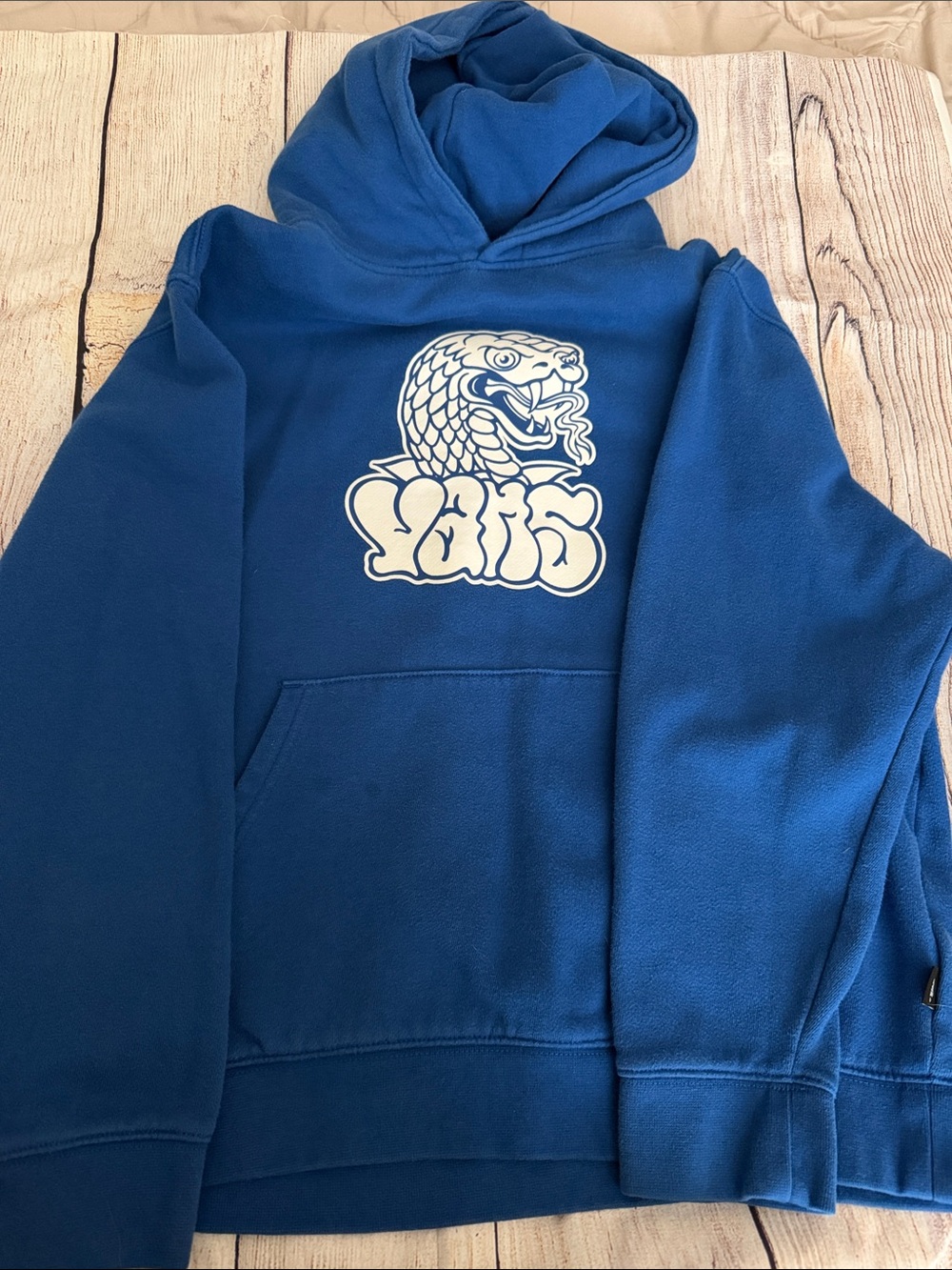 Boys Blue Hoodie with White Snake Graphic, size large (loose fit)